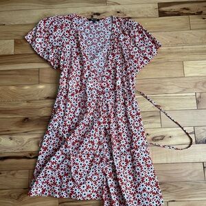 Madewell Red and White Wrap Sundress with Flutter Sleeves